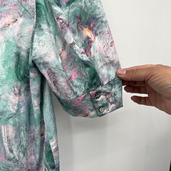 Current Air Watercolor Cuffed Puffed Short Sleeve V Neck Blouse Pink Green XL - Picture 5 of 6